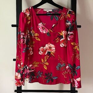 LOFT Pink Blue Yellow Floral V Neck Blouse Top Smocked Wrist Vibrant Size M